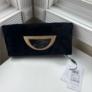 Reiss Black Suede Clutch with Gold-Tone Accent